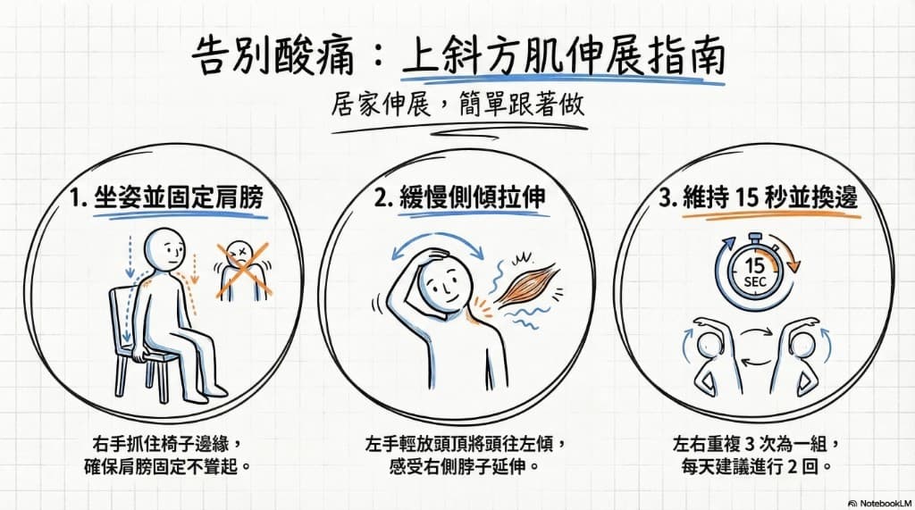 上斜方肌伸展運動示意圖