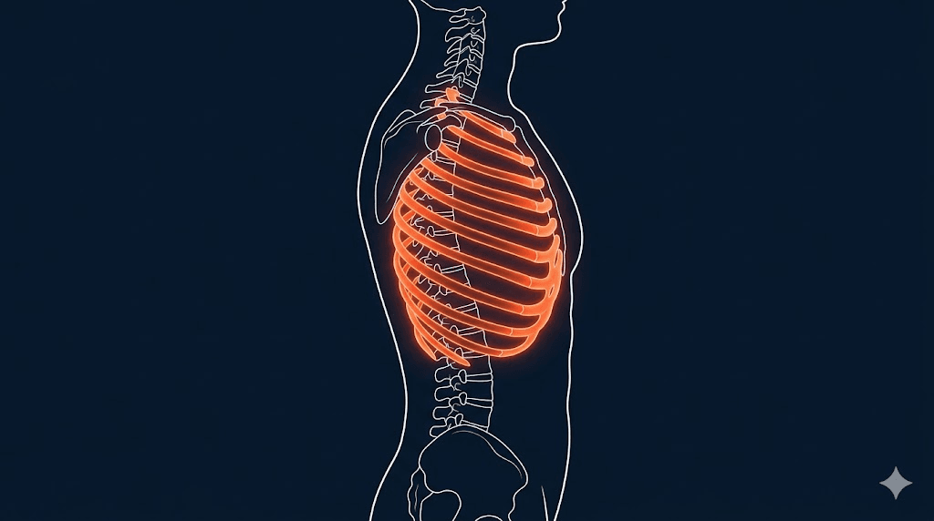 肋骨外翻示意：下胸廓與肋骨下緣區域（衛教配圖）