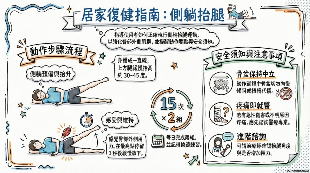 側躺抬腿復健示意：強化臀中肌與髖外側穩定，XO型腿居家訓練常與內收訓練並行但需專業評估分配
