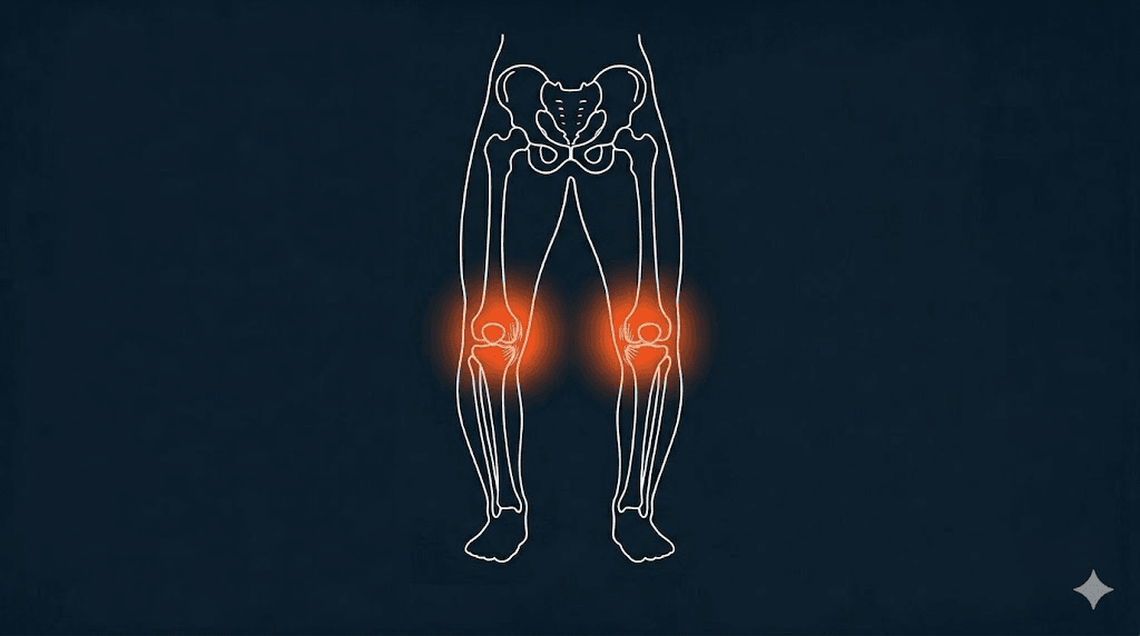 O型腿(膝內翻)示意:雙膝間距與內側負重(衛教配圖)