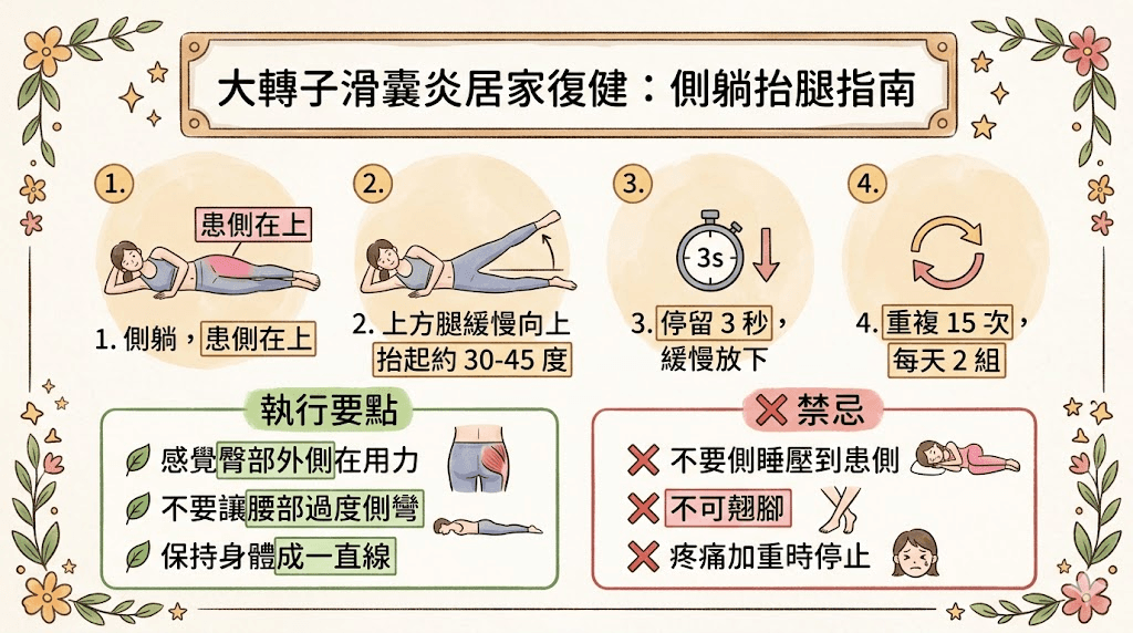 大轉子滑囊炎居家側躺抬腿復健指南