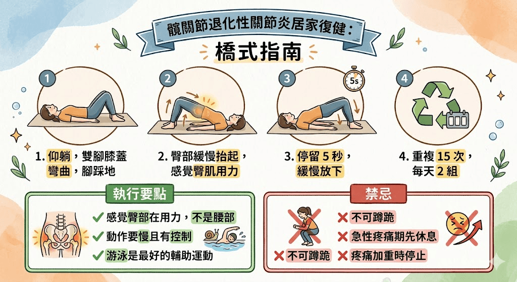 髖關節退化性關節炎居家橋式復健指南