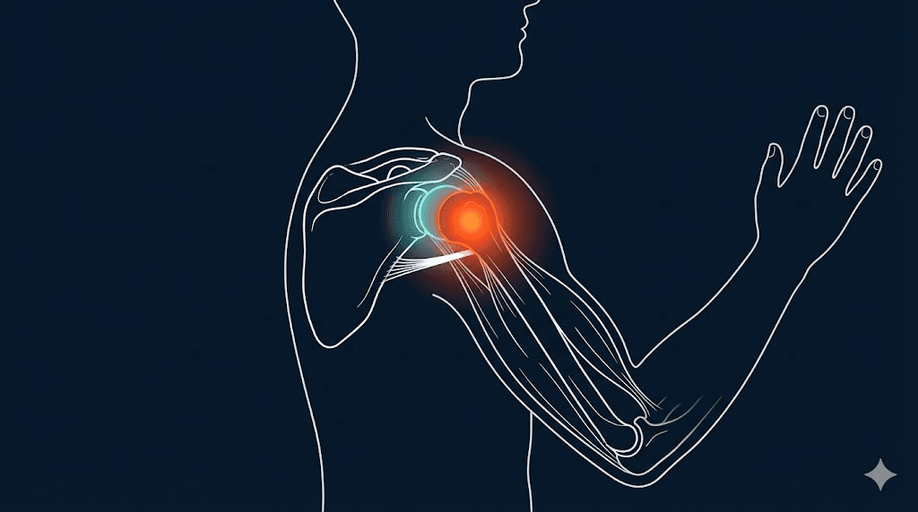 肱骨前移示意:肱骨頭相對肩盂向前位移與肩前側受力(衛教配圖)