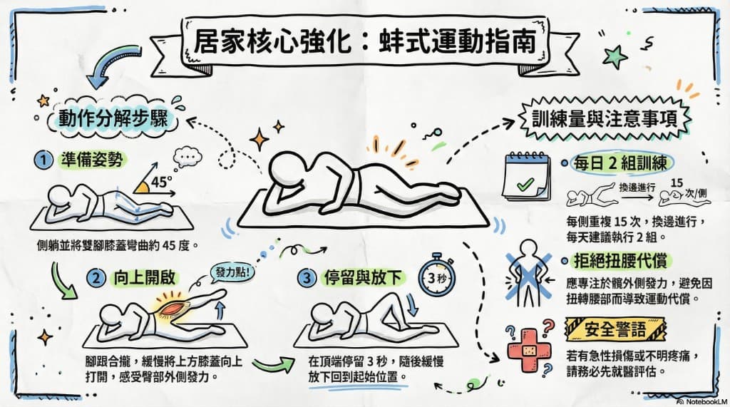 居家蚌式運動指南：側躺屈膝四十五度、腳跟併攏膝上開、臀外側發力、頂端停三秒與訓練量及避免扭腰代償示意圖