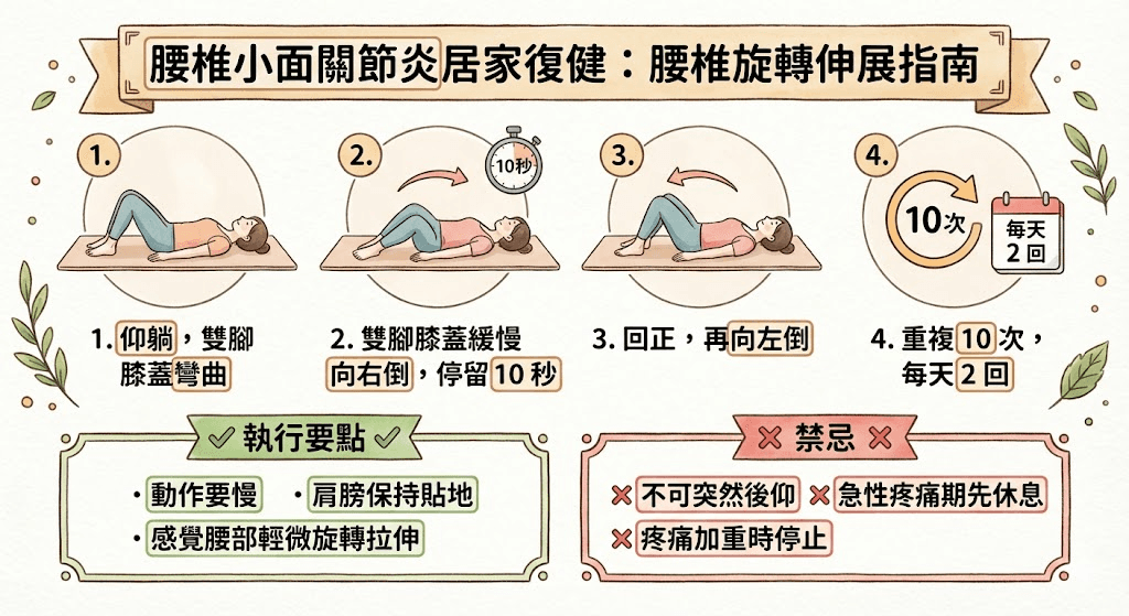 腰椎小面關節炎居家腰椎旋轉伸展復健指南