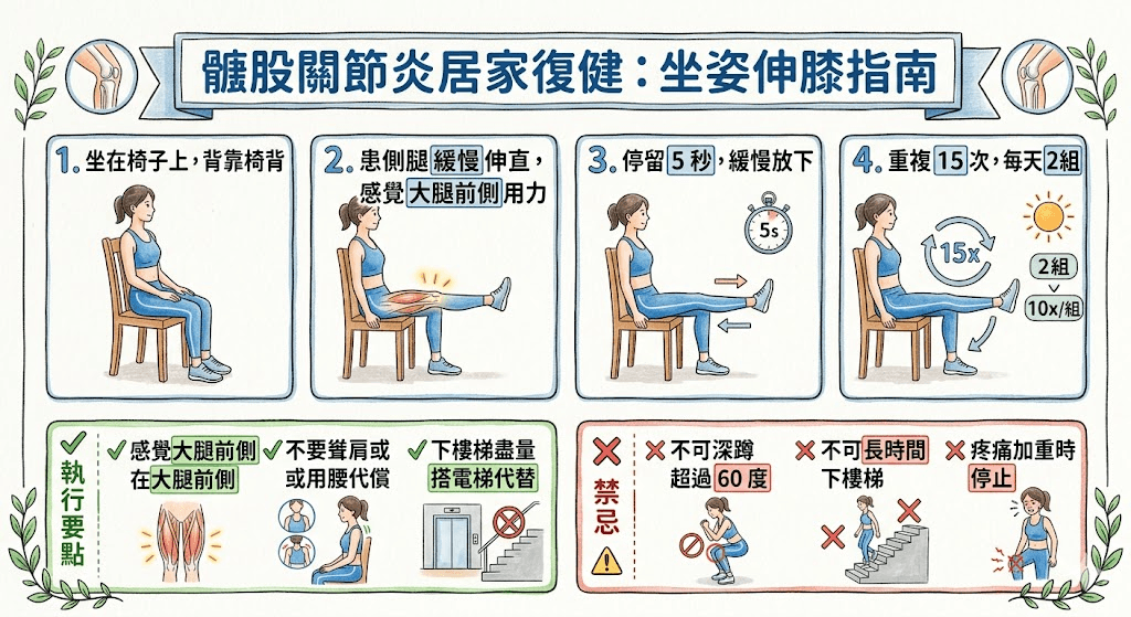 髕股關節炎居家坐姿伸膝復健指南