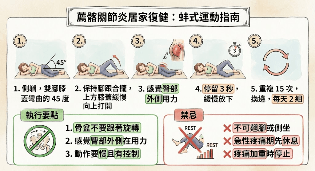 薦髂關節炎居家蚌式運動復健指南