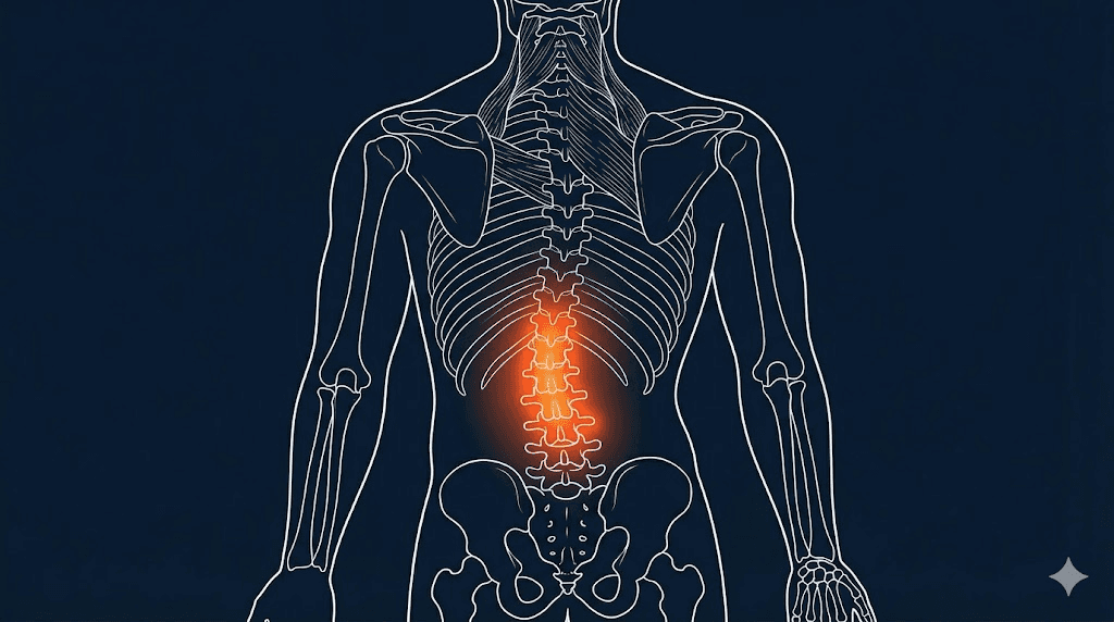 腰椎脊椎側彎示意：腰椎與骨盆區域（衛教配圖）