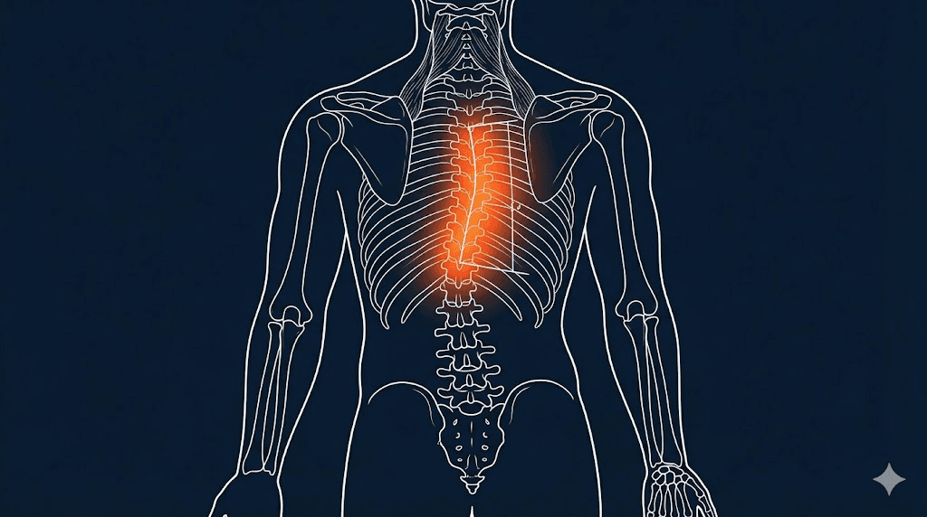 胸椎脊椎側彎示意：胸椎向側面彎曲與 Cobb angle 測量概念
