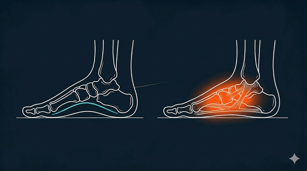 扁平足示意:正常足弓與足弓塌陷對照(衛教配圖)