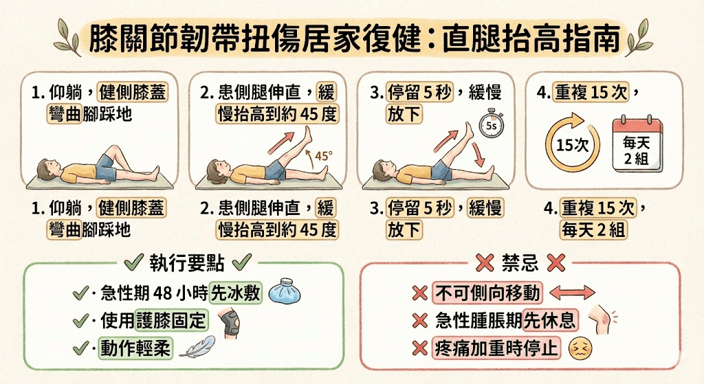 膝關節韌帶扭傷居家直腿抬高復健指南