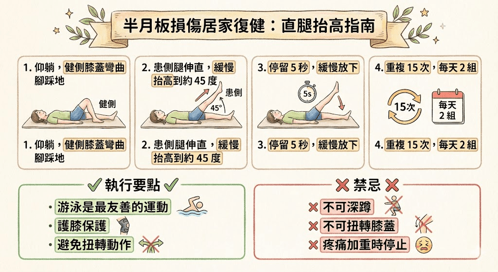 半月板損傷居家直腿抬高復健指南