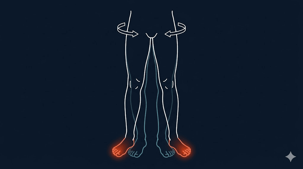 外八足示意:髖外旋與腳尖向外之步態(衛教配圖)