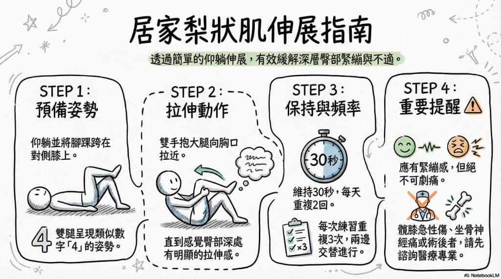 居家梨狀肌伸展指南:仰躺四字腿、雙手抱大腿拉近胸口、每次三十秒每日兩回與安全提醒示意圖