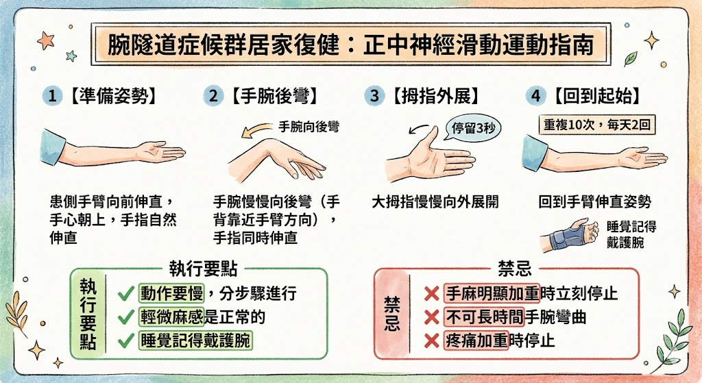 腕隧道症候群居家復健：正中神經滑動運動指南（準備姿勢、手腕後彎、拇指外展、回到起始與執行要點、禁忌）