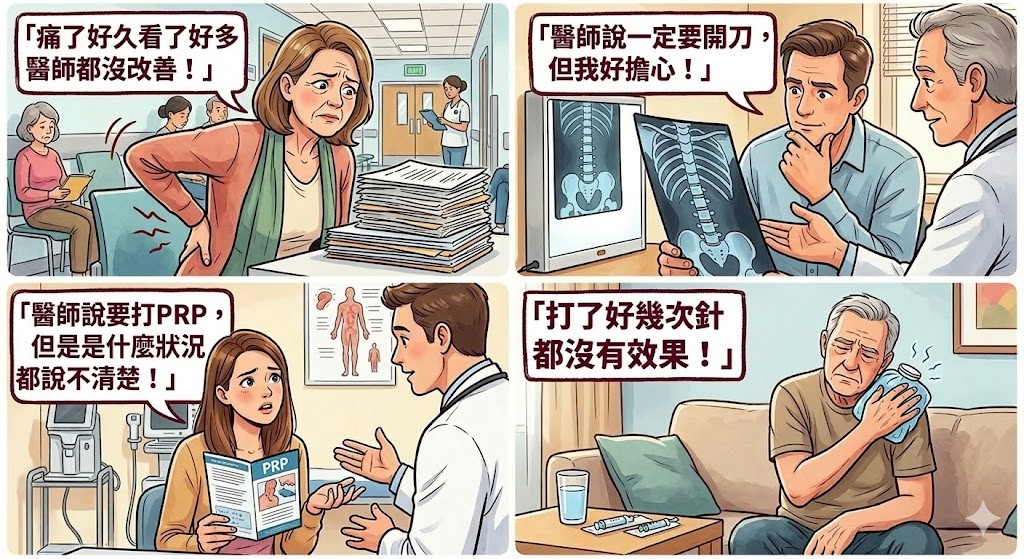 痛了好久、看了好多醫師都沒改善;醫師說要開刀或打PRP,卻說不清楚狀況、打了好幾次針都沒效的困惑與焦慮